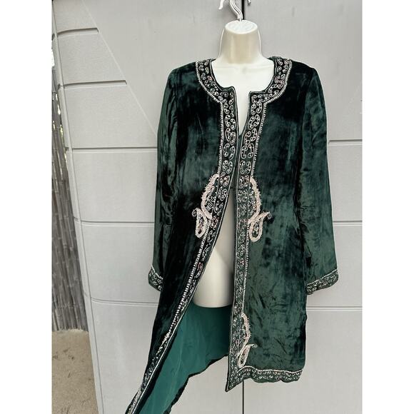Soft Surroundings Crushed Velvet Embroidered Beaded Jacket Emerald Green Party M - Picture 5 of 11